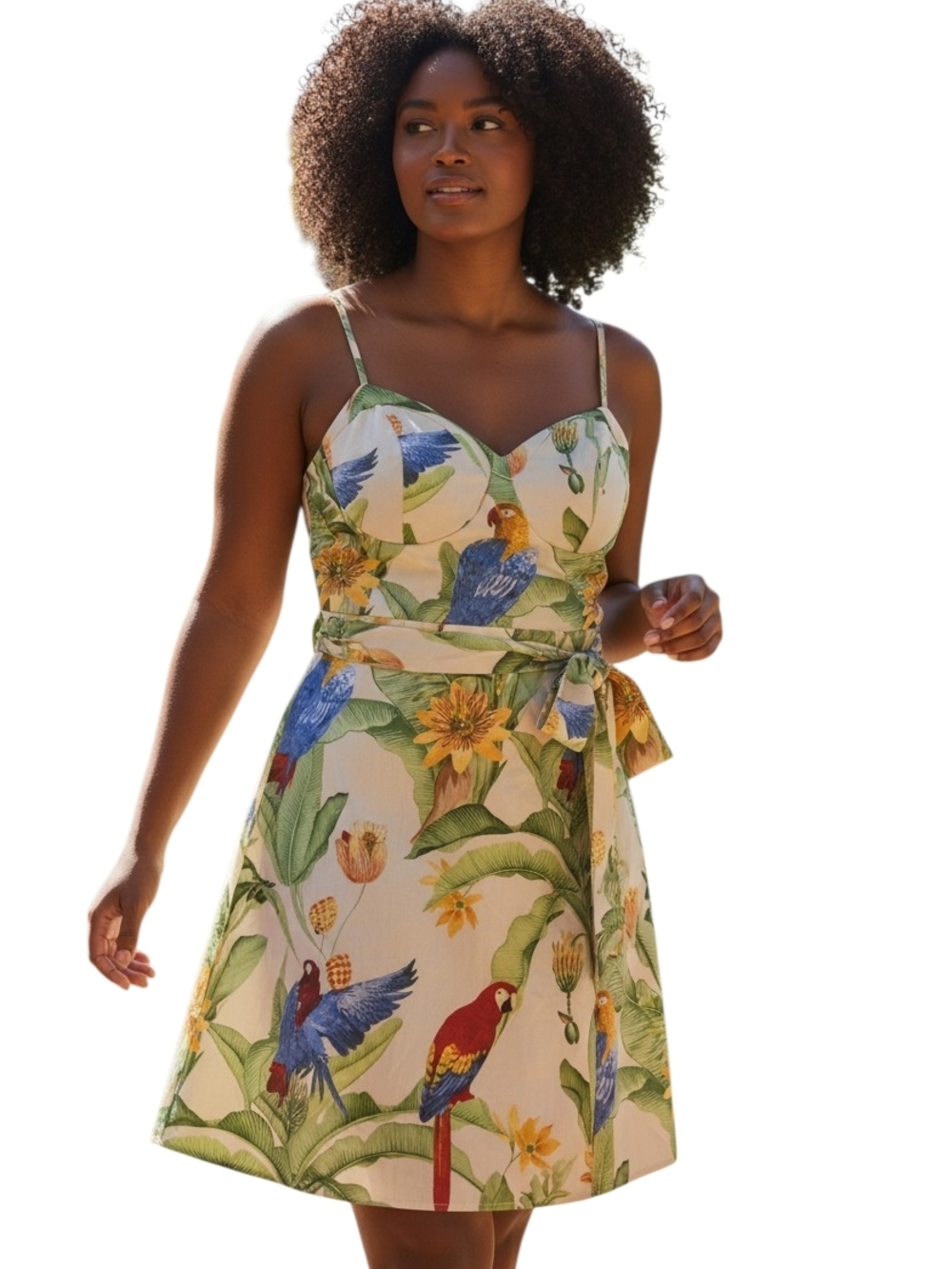 SHEIN Cream Tropical Parrot Print Mini Dress with Green Accents